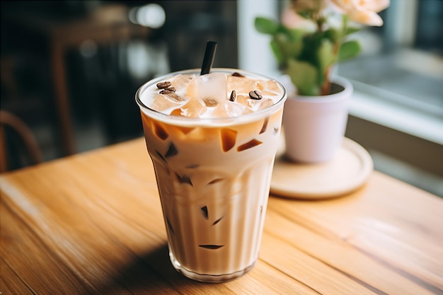 Photo latte iced coffee on wooden table