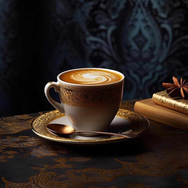 a latte is in a cup on a side table