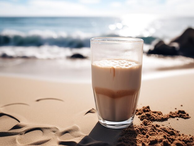 Foto latte koffie in de hand, tenen in het zand op het strand, ai-generatie.