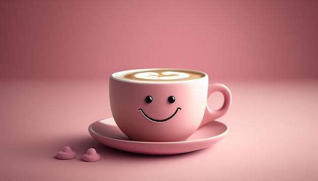 Latte koffie in een kopje minimalisme glimlach roze achtergrond Generatieve AI