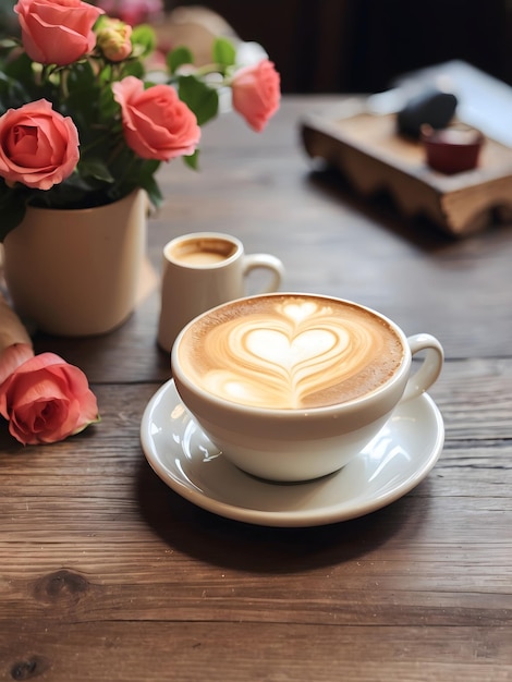 Latte Love HeartShaped Art on Wooden Table