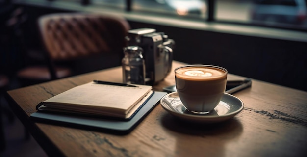 Latte smartphone and notebook on table at an urban cafe