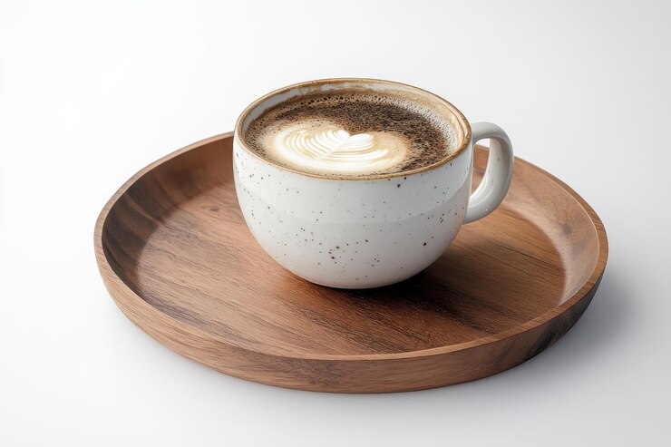 コーヒーショップの木製のトレイに白いセラミックカップのラテ