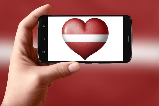 Latvia flag in the shape of a heart on the phone screen Smartphone in hand shows a heart flag