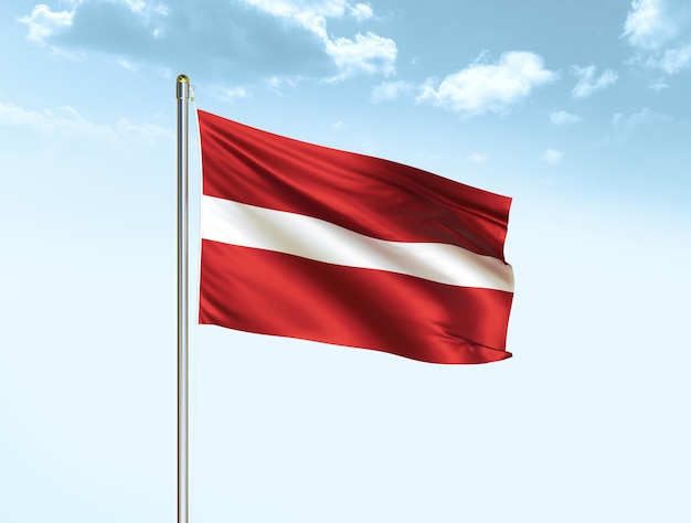 Latvia national flag waving in blue sky with clouds Latvia flag 3D illustration