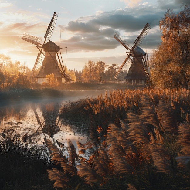 Latvian Autumn Landscape with Windmills and Water