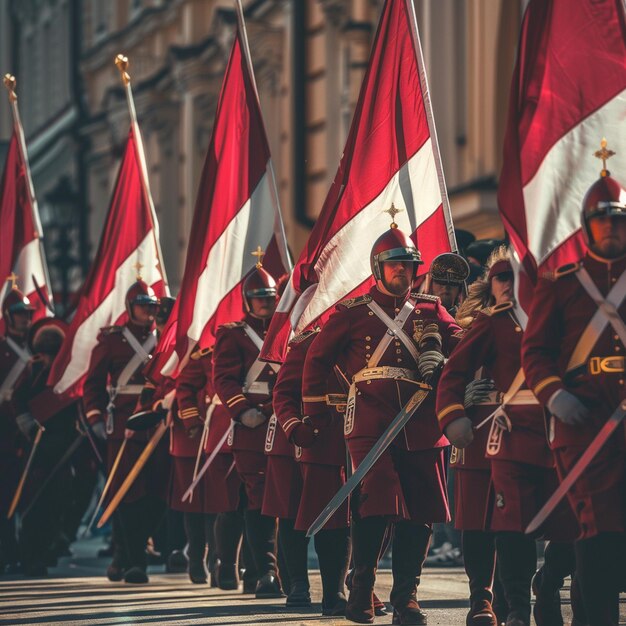 Foto parade per la giornata dell'indipendenza della lettonia uomini in uniforme rosse marciano per strada