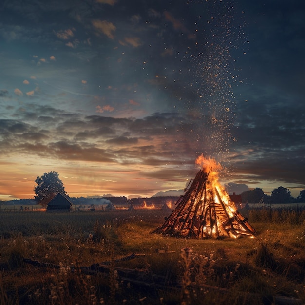 Latvian Summer Solstice Bonfire Celebration in Field