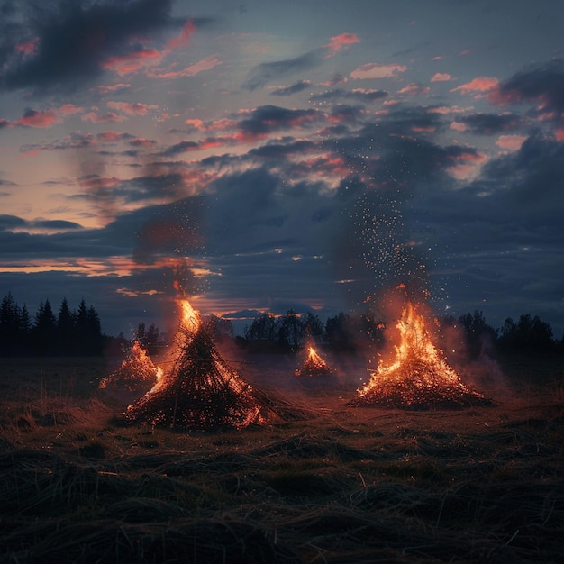 ラトビアの夏至の祝い 野原で火を燃やす