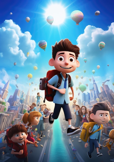Laugh and Learn Vibrant 3D Character Poster Depicting a Group of Friends Embracing the Back to School Season