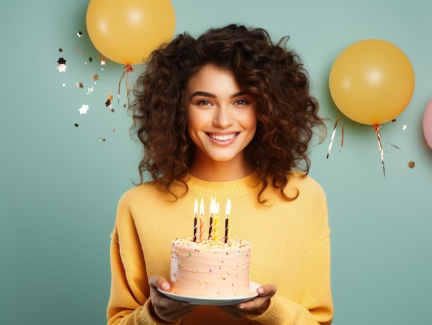 Laugh out loud cute young beautiful woman holding a big birthday cake with candles