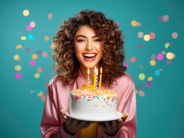 Laugh out loud cute young beautiful woman holding a big birthday cake with candles