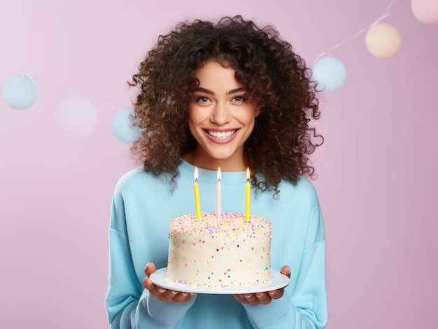 Laugh out loud cute young beautiful woman holding a big birthday cake with candles