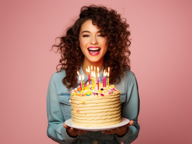 Laugh out loud cute young beautiful woman holding a big birthday cake with candles