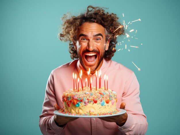 Foto ridi ad alta voce uomo che tiene una grande torta di compleanno con le candele