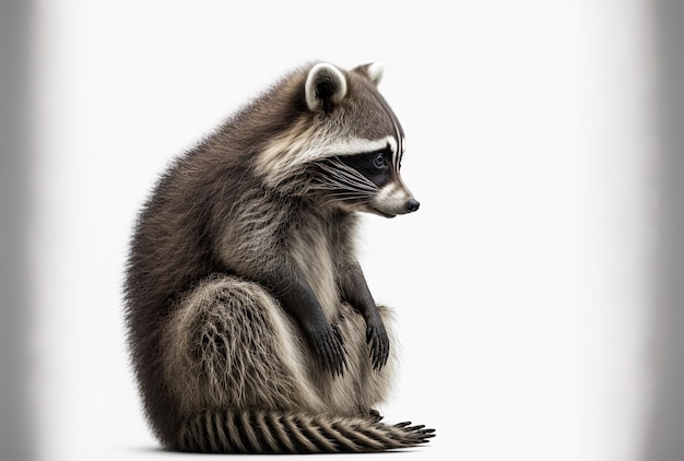 Laughable raccoon sitting alone on a white backdrop