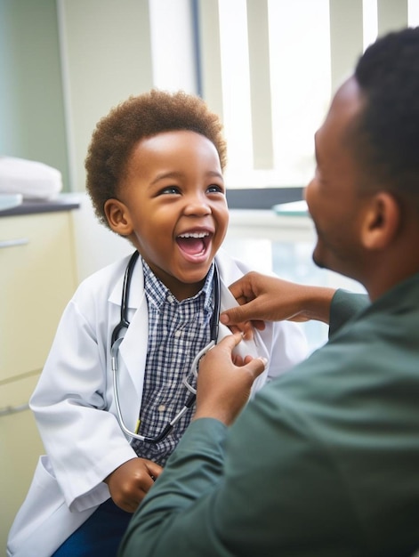 Photo laughing african american boy patient taking male doctor s stethoscope in hospital hospital medical