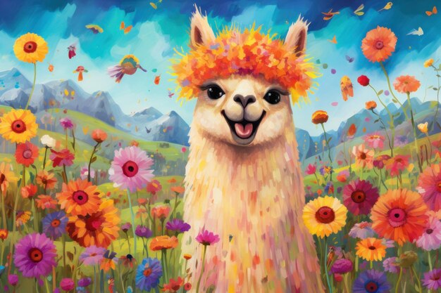 Photo laughing alpaca in a colorful meadow on the flower field background