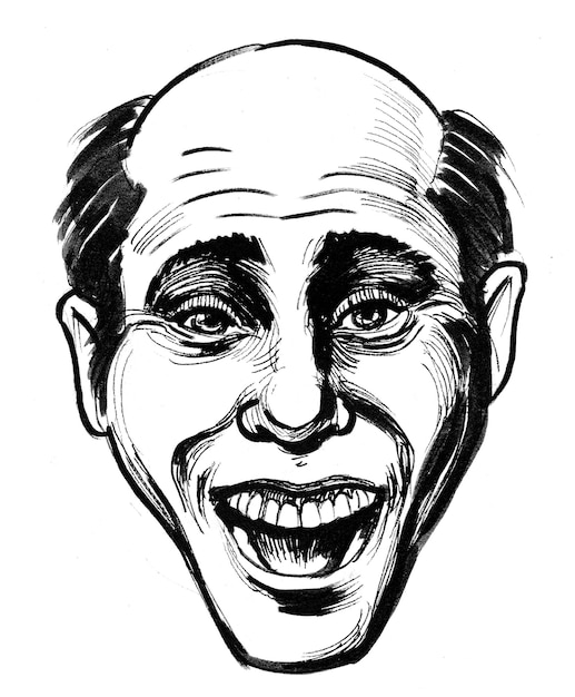 Photo laughing bald man. ink black and white drawing