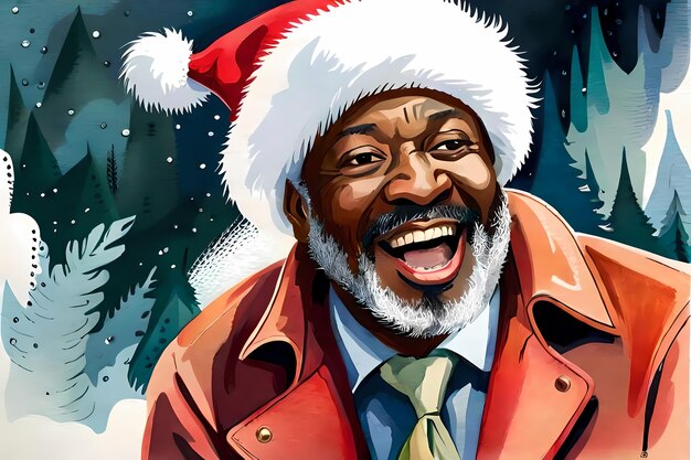 クリスマス用のサンタ帽子をかぶった黒人男性の生成AIイラスト