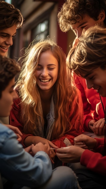 Photo laughing blonde girl with friends