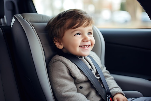 シートベルト付きの子供用車シートで笑う男の子