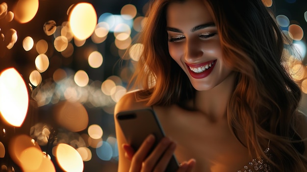 Laughing brunette girl with long hair talking on the phone against a background with bokeh