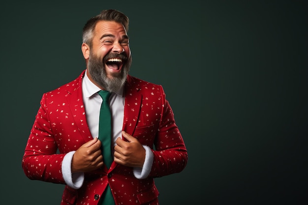 赤い衣装を着た笑う実業家サンタ クロース クリスマスきれいな緑の背景