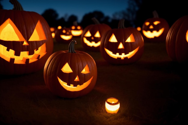 Laughing carved Halloween pumpkins on the lawn at night Spooky wallpaper with Jack o lantern