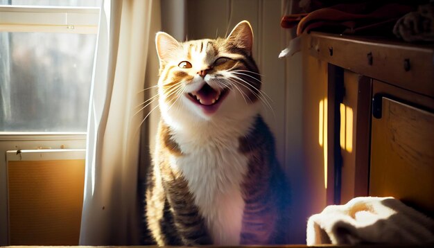 웃는 고양이 놀란 얼굴 와우 표정 고양이 입을 열고 재미있는 얼굴 귀여운 홍색 고양이 감정적 인 놀라움과 와우 말하는 행복한 고양이 미아우 와우 생성 AI 일러스트