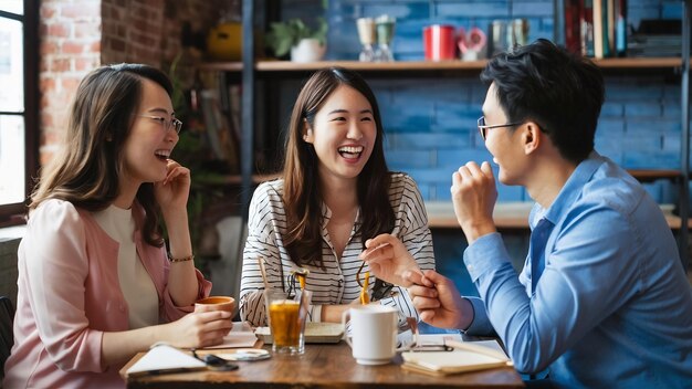 Photo laughing and chatting on the afterworks meeting with coworkers in the cozy small local cafe