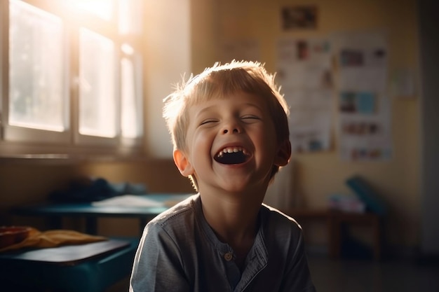 Laughing child classroom at morning Education life Generate Ai