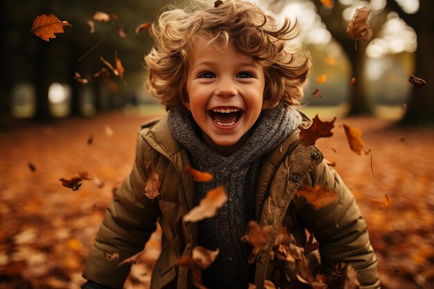 A laughing child in warm clothes jumps into the autumn leaves