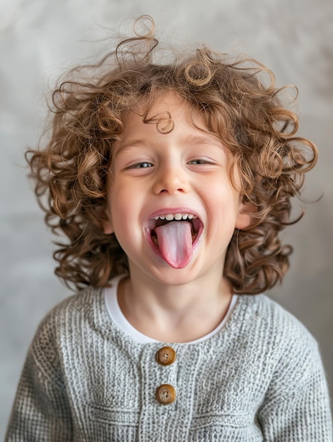 A laughing child with bouncy curls and a grey knitted sweater shows his tongue in a moment of pure glee The textured garment complements his exuberant expression