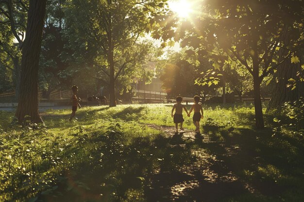 写真 太陽に照らされた公園で遊んでいる笑う子供たち