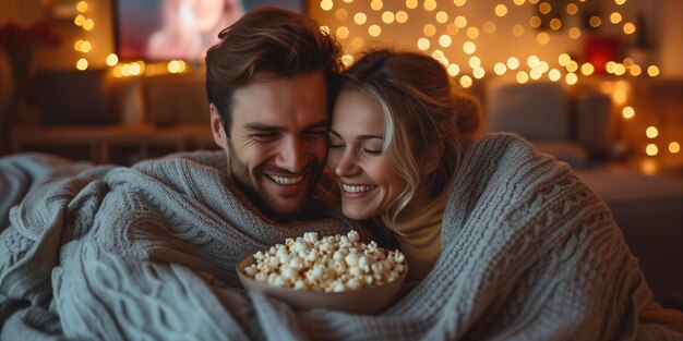 Photo laughing couple cuddling with popcorn on sofa