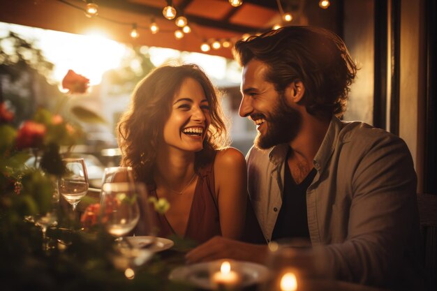 Laughing couple enjoying romantic dinner date