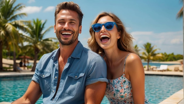 Laughing couple at a tropical resort