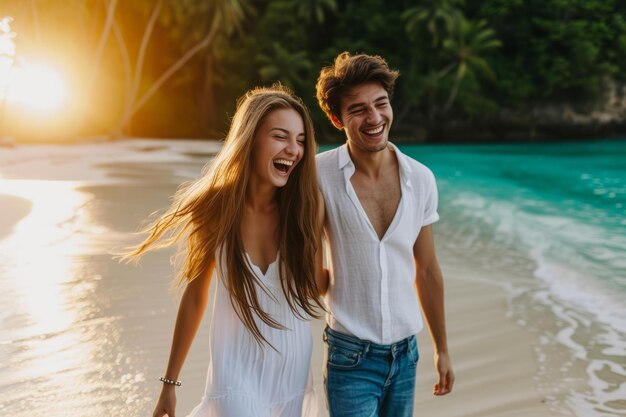 Photo laughing couple walking on beach at sunset