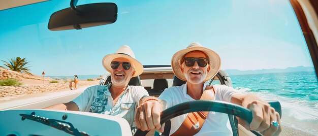 Laughing Elderly Couple on Road Trip at Sunset