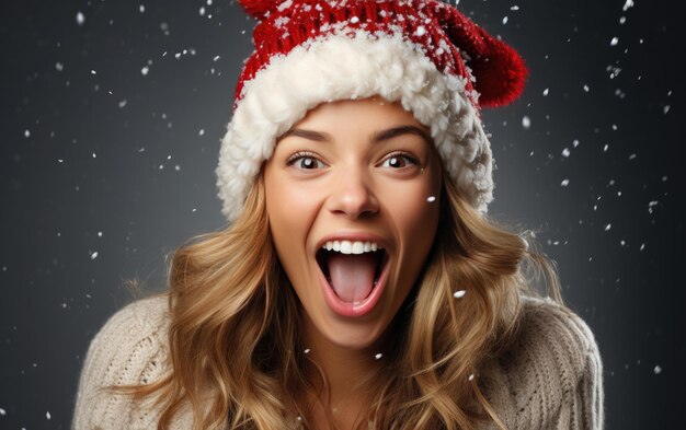 Laughing and excited beauty girl wearing Santa celebrating Christmas