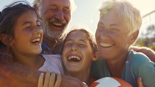 Foto famiglia che ride abbracciandosi dopo aver giocato a pallavolo fuori in estate ai generativa