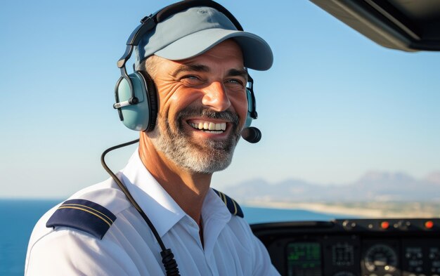 Photo laughing fashion pilot with suit in the plane