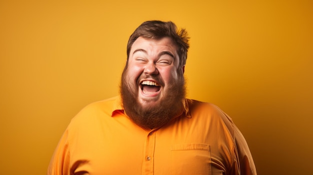 Laughing fat obese man in yellow shirt