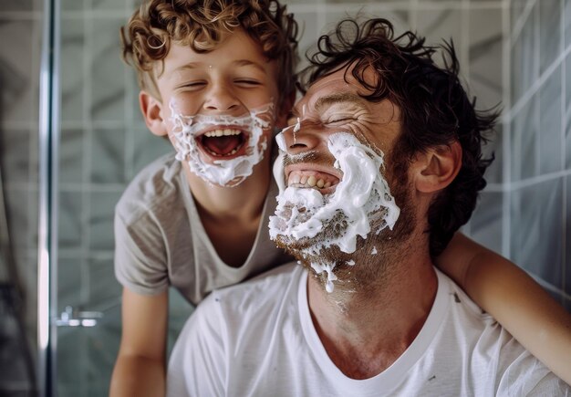 Laughing Father and Son Sharing a Shaving Moment on Fathers Day