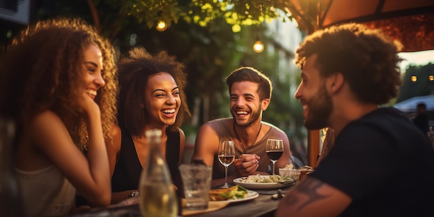 Laughing friends having dinner outside at a restaurant in the summer Generative Ai