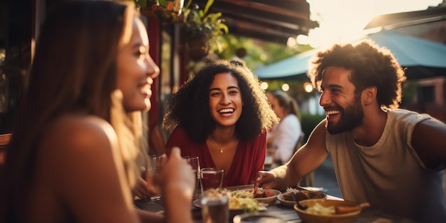 Смеющиеся друзья ужинают на улице в ресторане летом Generative Ai