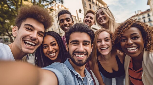 Laughing friends having a party outside while taking a selfie on a sunny spring day A diverse group of pals enjoying fun together on the weekend GENERATE AI