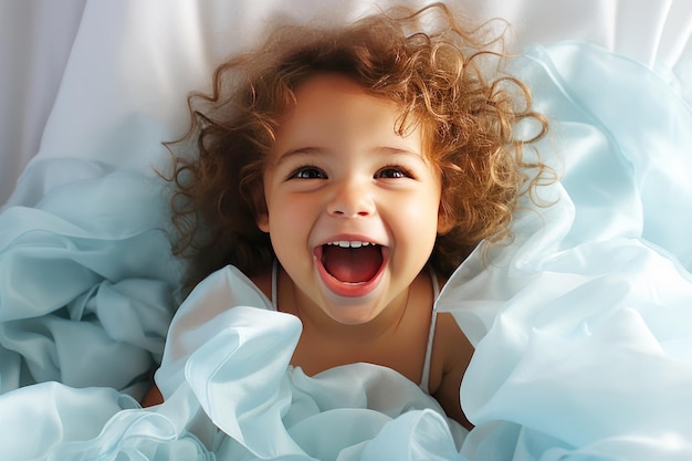 Laughing girl baby with curls on the bed