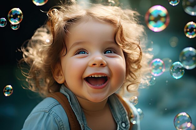 A laughing girl in a denim shirt and lots of soap bubbles